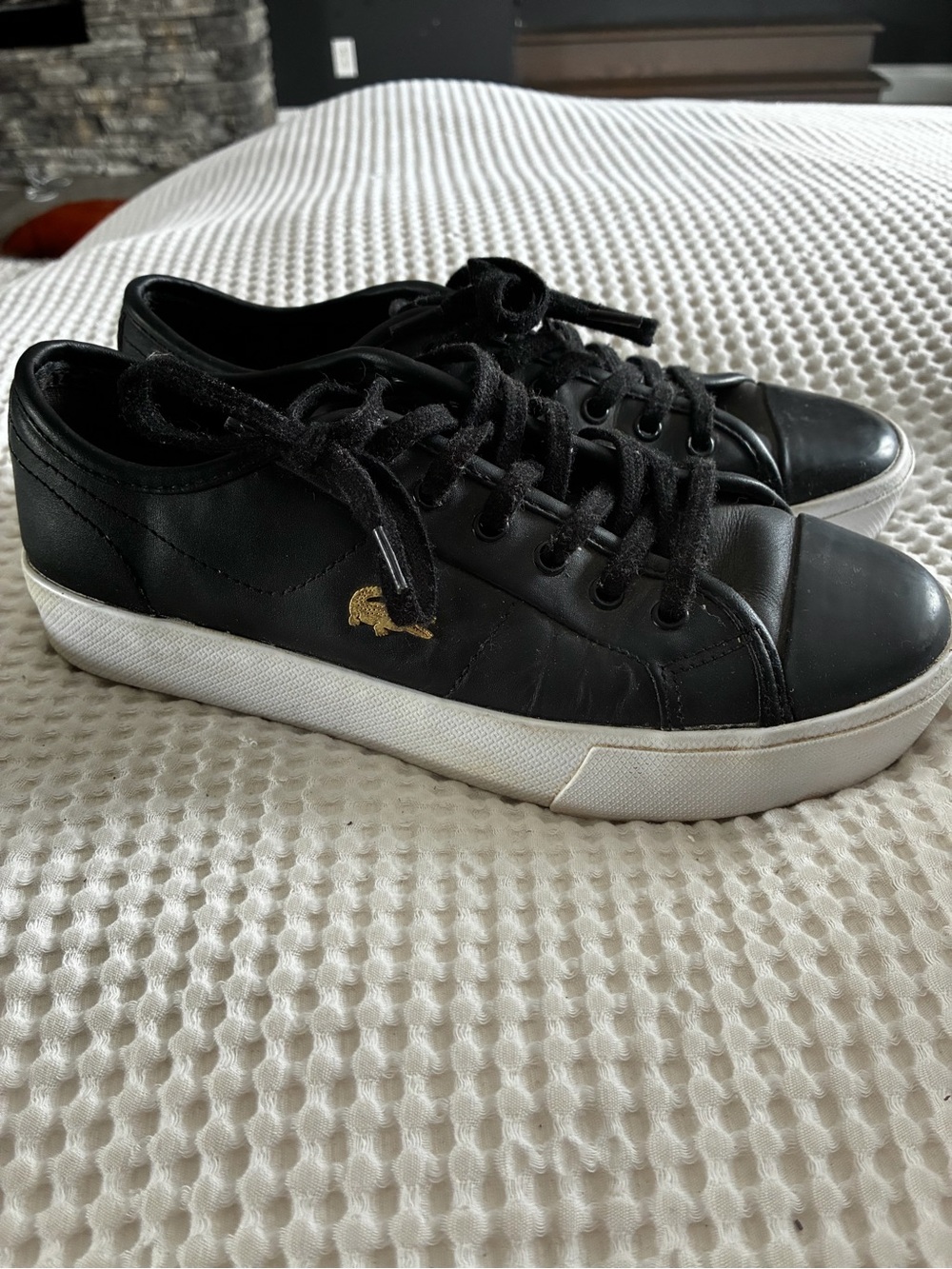 Lacoste Black Low-Top Sneakers with White Sole and Gold Croc